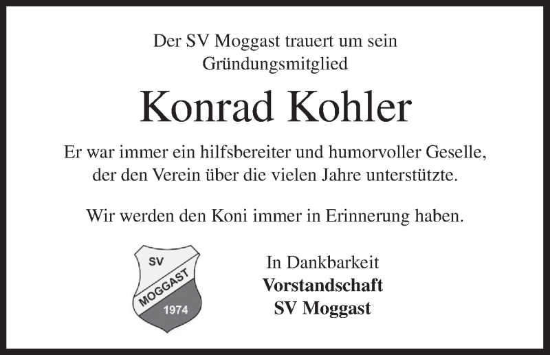  Traueranzeige für Konrad Kohler vom 01.06.2017 aus MGO