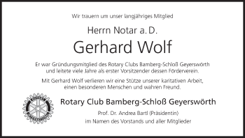 Anzeige von Gerhard Wolf von MGO