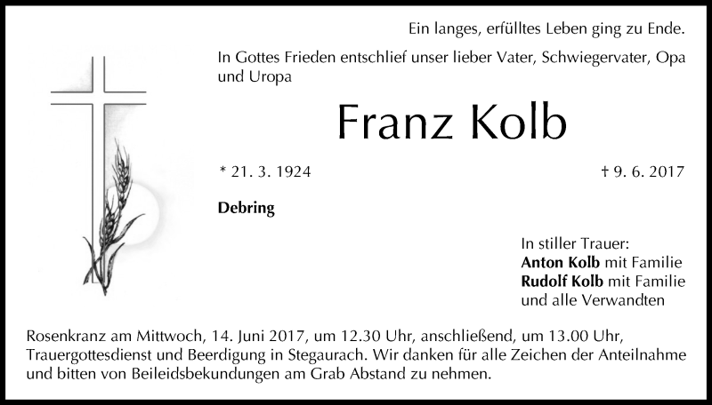  Traueranzeige für Franz Kolb vom 12.06.2017 aus MGO