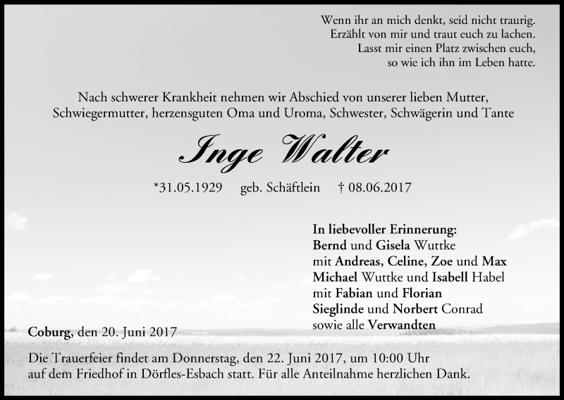  Traueranzeige für Inge Walter vom 20.06.2017 aus MGO