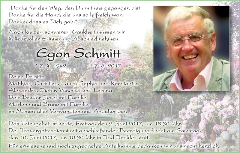  Traueranzeige für Egon Schmitt vom 09.06.2017 aus MGO