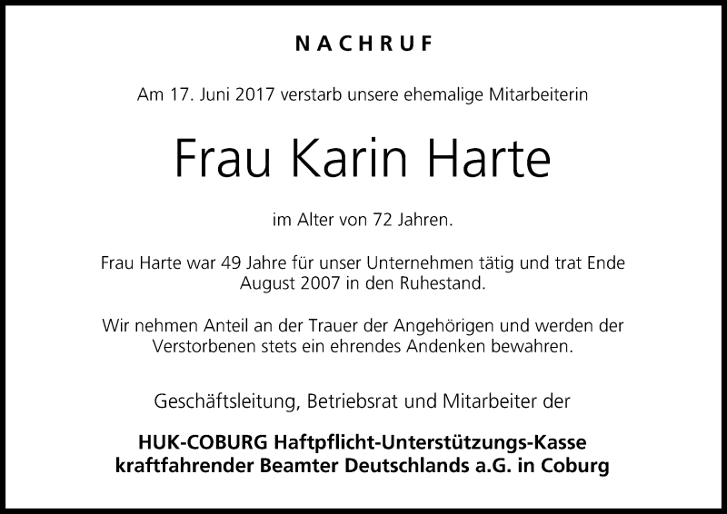 Traueranzeige für Karin Harte vom 24.06.2017 aus MGO