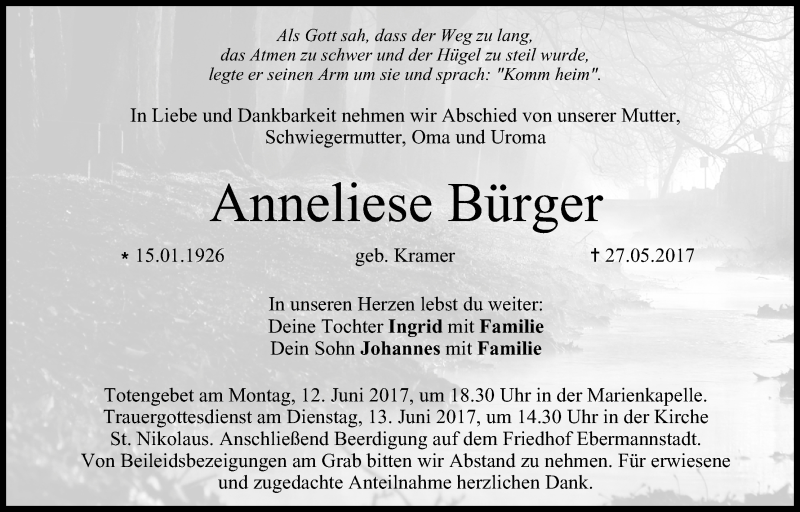  Traueranzeige für Anneliese Bürger vom 10.06.2017 aus MGO
