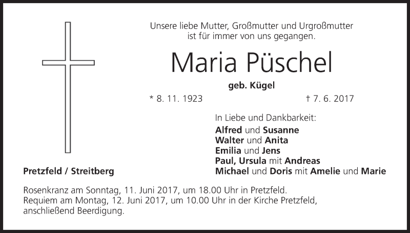  Traueranzeige für Maria Püschel vom 09.06.2017 aus MGO