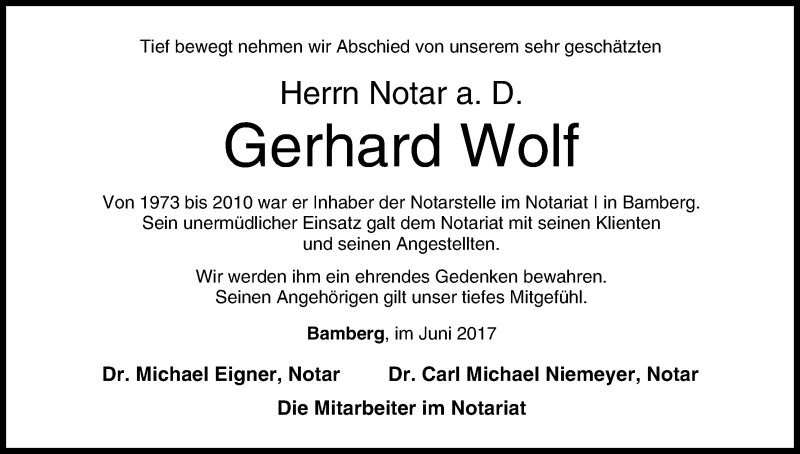  Traueranzeige für Gerhard Wolf vom 03.06.2017 aus MGO