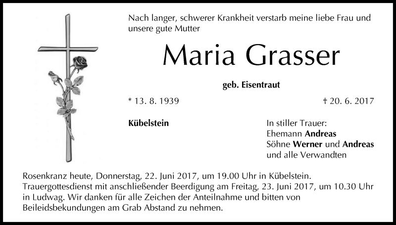  Traueranzeige für Maria Grasser vom 22.06.2017 aus MGO