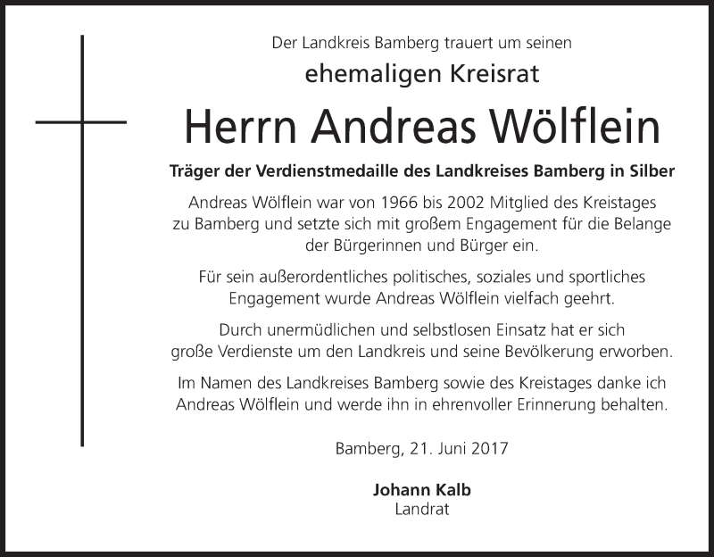 Traueranzeige für Andreas Wölflein vom 22.06.2017 aus MGO