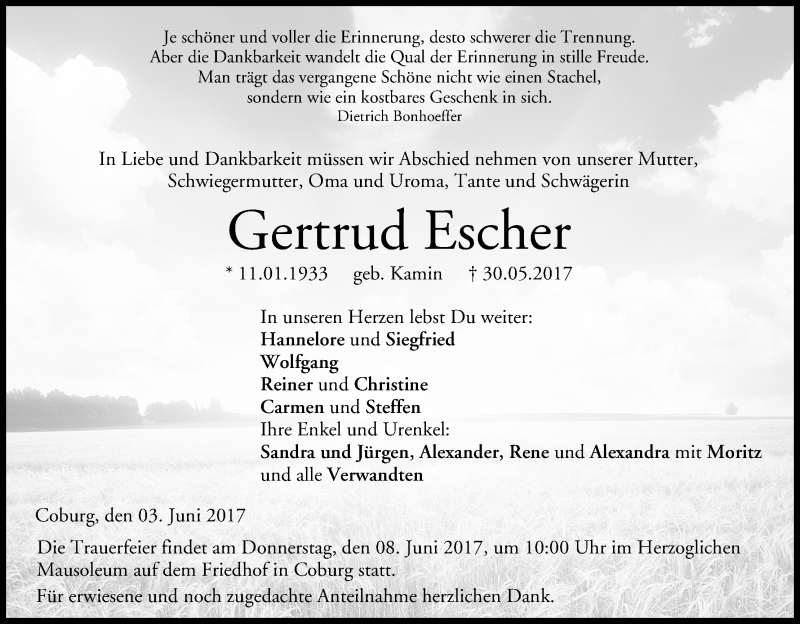  Traueranzeige für Gertrud Escher vom 03.06.2017 aus MGO