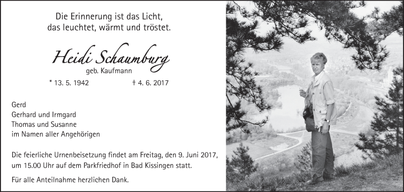  Traueranzeige für Heidi Schaumburg vom 07.06.2017 aus MGO