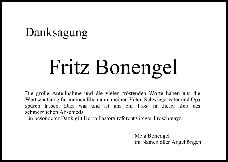  Traueranzeige für Fritz Bonengel vom 03.06.2017 aus MGO
