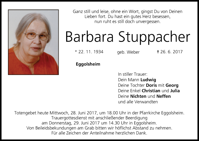  Traueranzeige für Barbara Stuppacher vom 28.06.2017 aus MGO