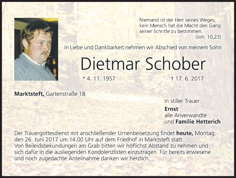  Traueranzeige für Dietmar Schober vom 26.06.2017 aus MGO