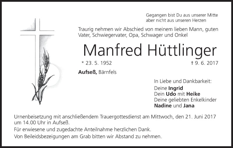  Traueranzeige für Manfred Hüttlinger vom 20.06.2017 aus MGO