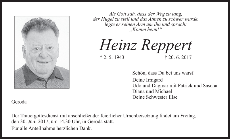  Traueranzeige für Heinz Reppert vom 24.06.2017 aus MGO