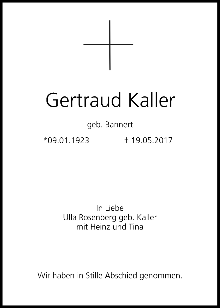  Traueranzeige für Gertraud Kaller vom 03.06.2017 aus MGO