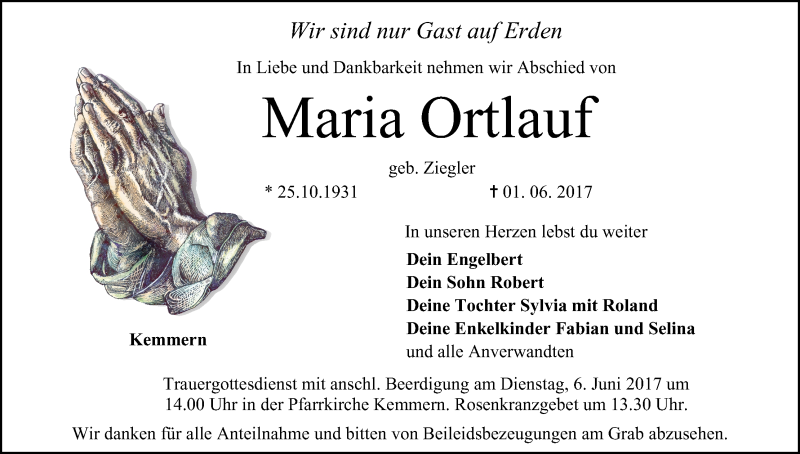  Traueranzeige für Maria Ortlauf vom 03.06.2017 aus MGO