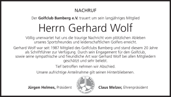 Anzeige von Gerhard Wolf von MGO