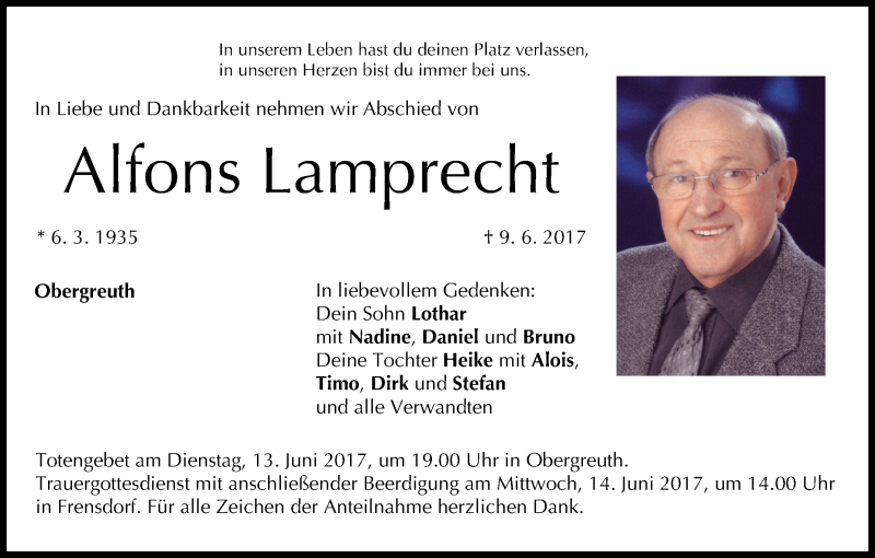  Traueranzeige für Alfons Lamprecht vom 12.06.2017 aus MGO