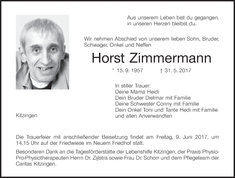  Traueranzeige für Horst Zimmermann vom 07.06.2017 aus MGO