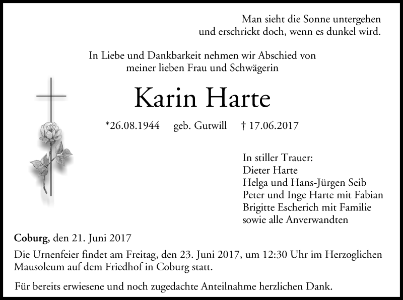  Traueranzeige für Karin Harte vom 21.06.2017 aus MGO