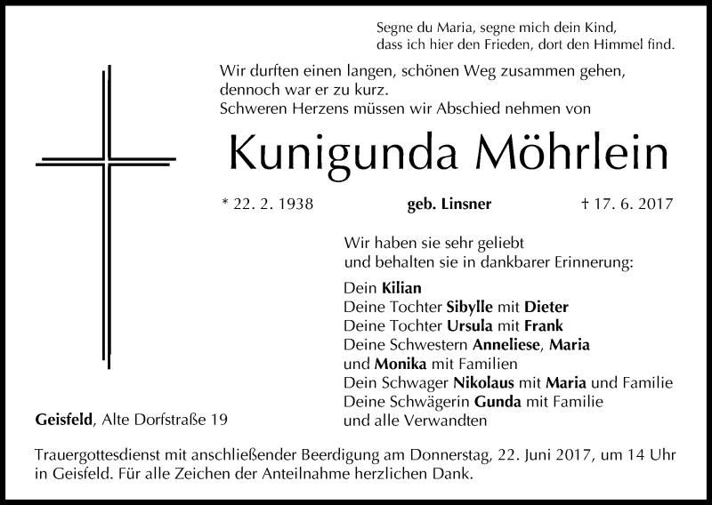  Traueranzeige für Kunigunda Möhrlein vom 20.06.2017 aus MGO
