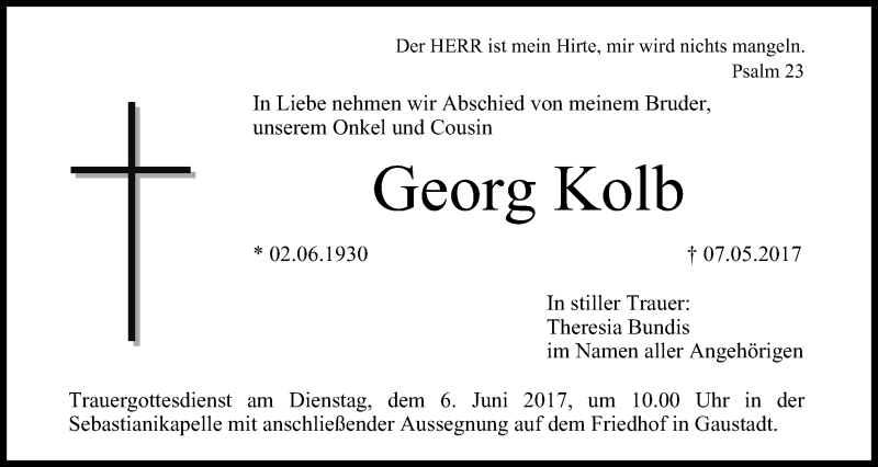  Traueranzeige für Georg Kolb vom 03.06.2017 aus MGO