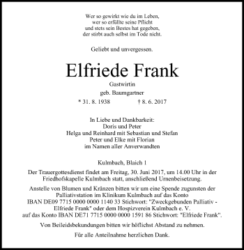 Anzeige von Elfriede Frank von MGO
