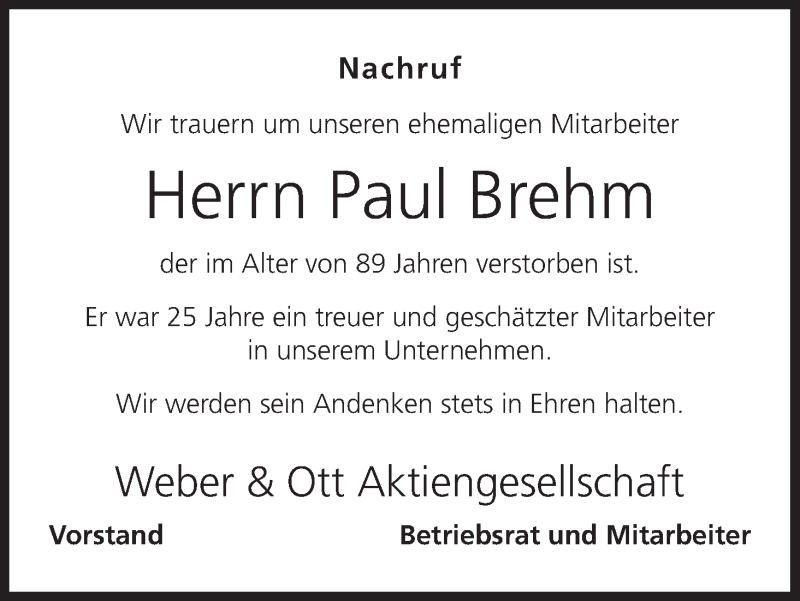  Traueranzeige für Paul Brehm vom 07.06.2017 aus MGO