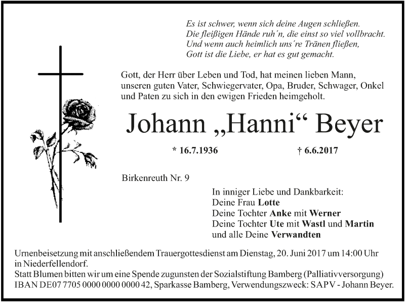  Traueranzeige für Johann Beyer vom 15.06.2017 aus MGO