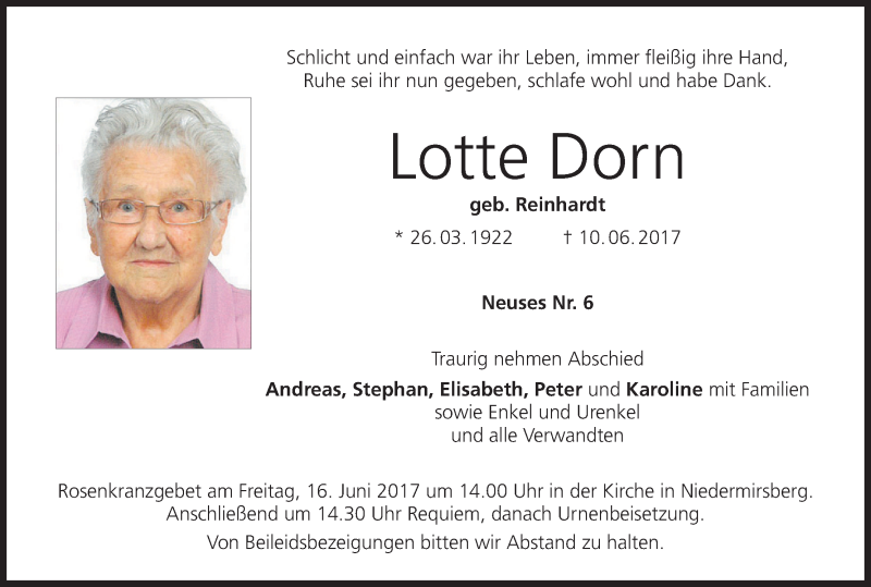  Traueranzeige für Lotte Dorn vom 14.06.2017 aus MGO