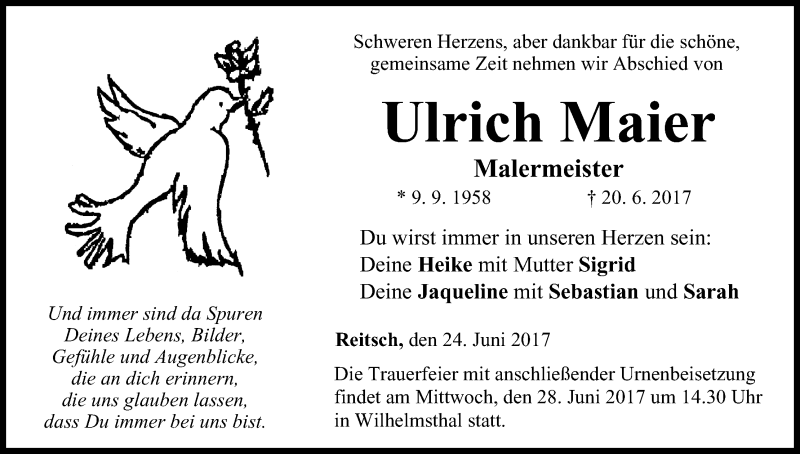  Traueranzeige für Ulrich Maier vom 24.06.2017 aus MGO