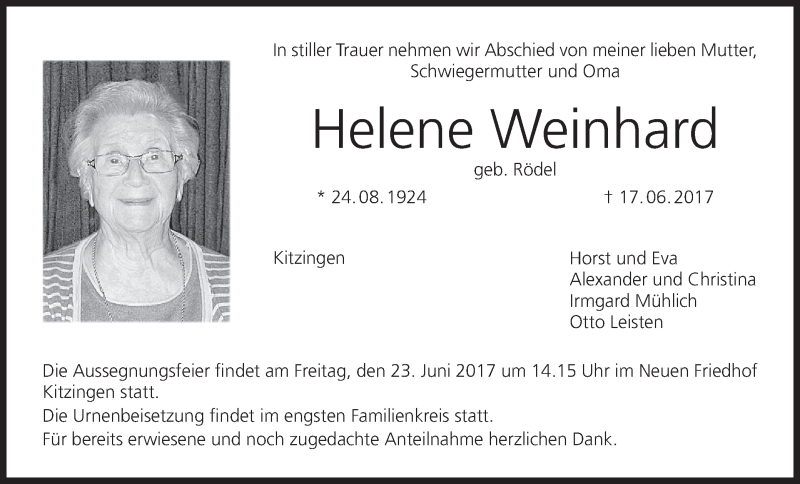  Traueranzeige für Helene Weinhard vom 21.06.2017 aus MGO