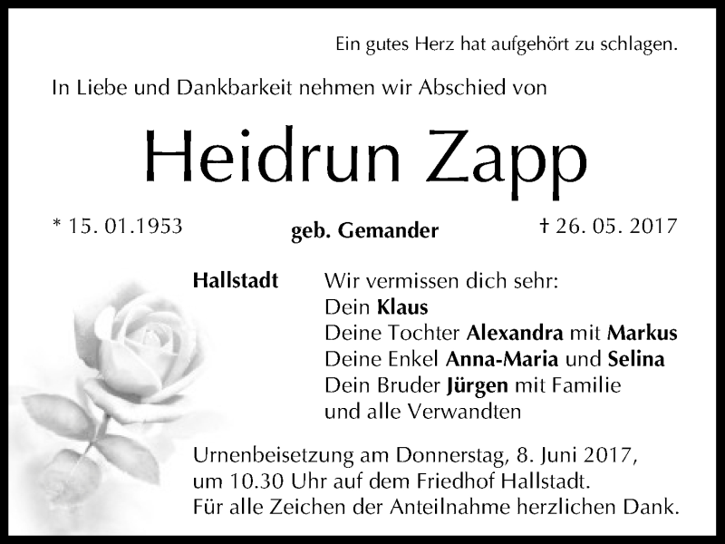 Traueranzeige für Heidrun Zapp vom 03.06.2017 aus MGO