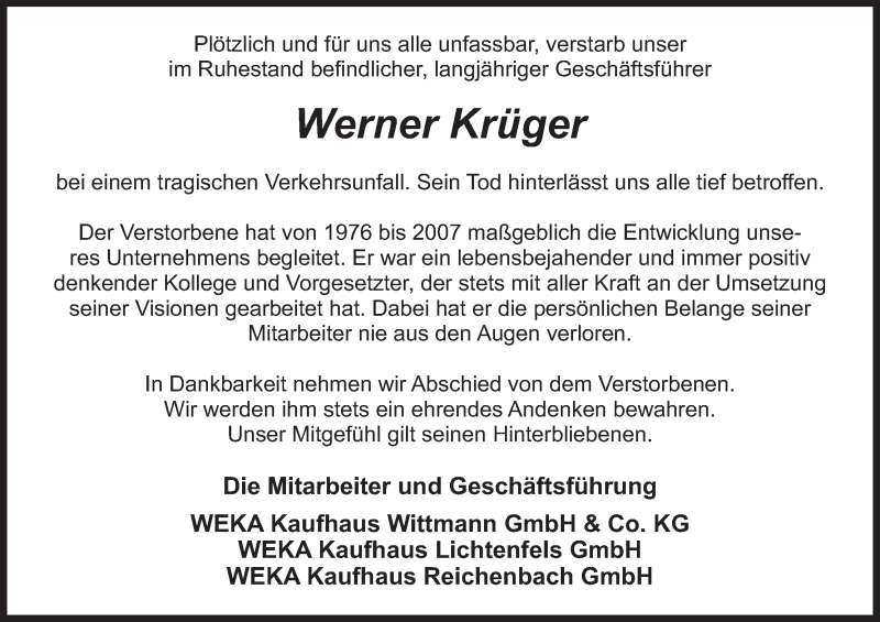  Traueranzeige für Werner Krüger vom 01.06.2017 aus MGO