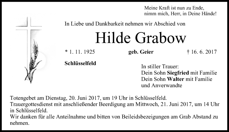  Traueranzeige für Hilde Grabow vom 19.06.2017 aus MGO