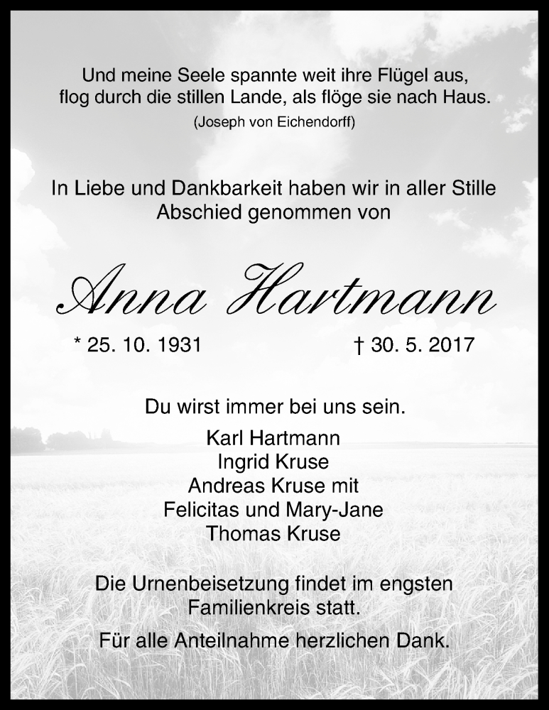  Traueranzeige für Anna Hartmann vom 08.06.2017 aus MGO
