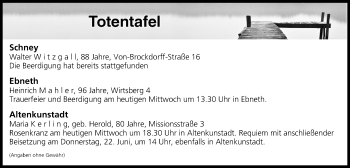 Anzeige von Totentafel vom 21.06.2017 von MGO