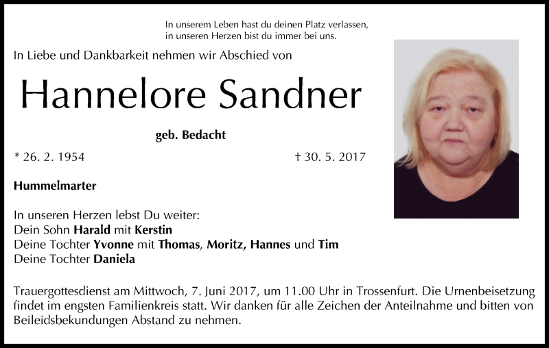  Traueranzeige für Hannelore Sandner vom 03.06.2017 aus MGO
