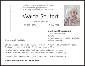 Anzeige von Walda Seufert von MGO