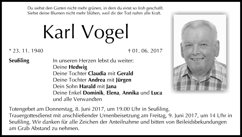  Traueranzeige für Karl Vogel vom 03.06.2017 aus MGO