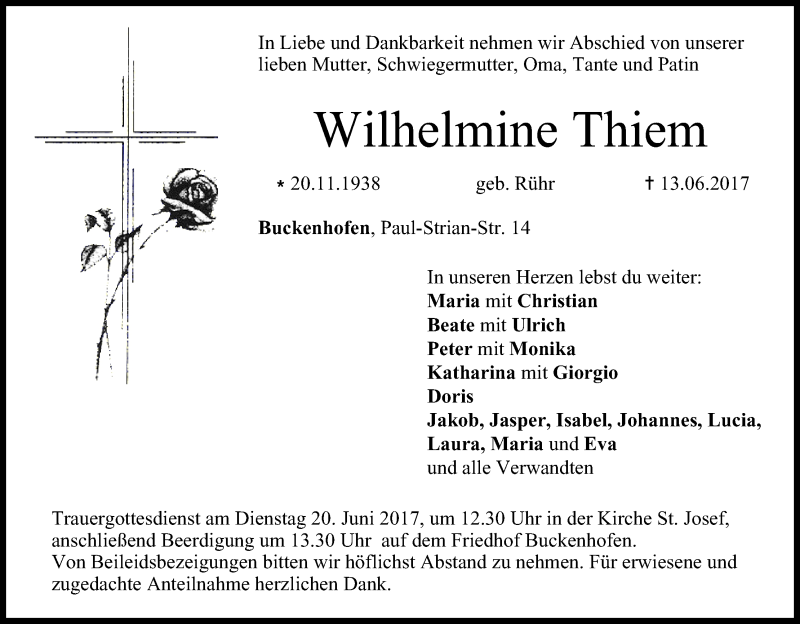  Traueranzeige für Wilhelmine Thiem vom 17.06.2017 aus MGO