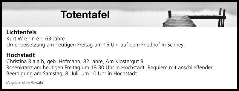  Traueranzeige für Totentafel vom 07.07.2017 vom 07.07.2017 aus MGO