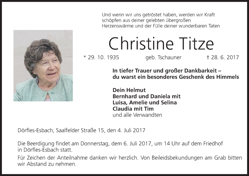  Traueranzeige für Christine Titze vom 04.07.2017 aus MGO