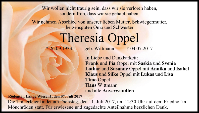  Traueranzeige für Theresia Oppel vom 07.07.2017 aus MGO