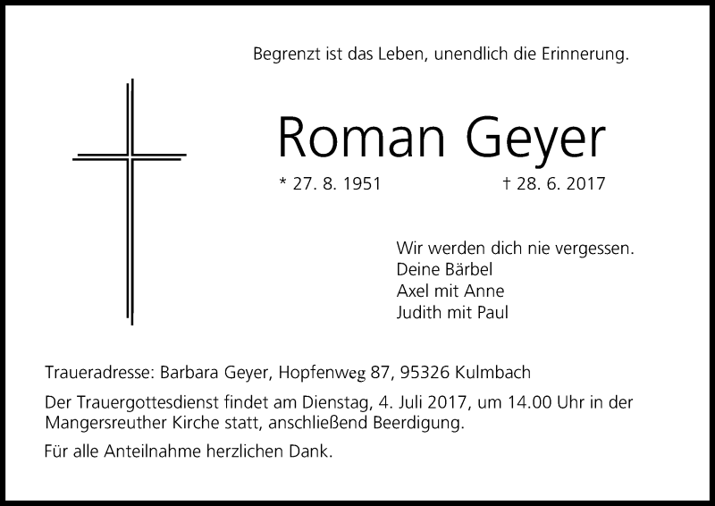 Traueranzeige für Roman Geyer vom 01.07.2017 aus MGO
