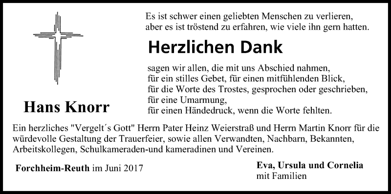  Traueranzeige für Hans Knorr vom 01.07.2017 aus MGO