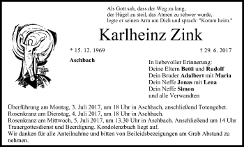 Anzeige von Karlheinz Zink von MGO