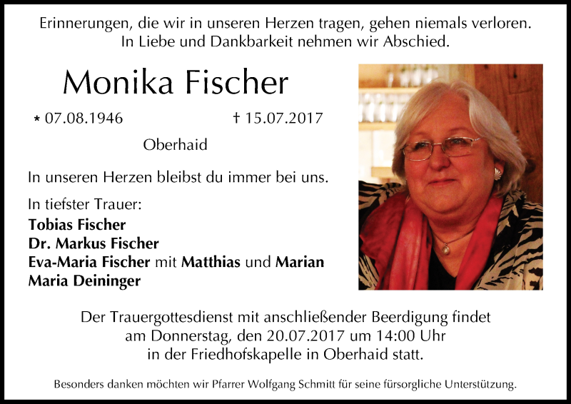  Traueranzeige für Monika Fischer vom 19.07.2017 aus MGO
