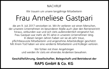 Anzeige von Anneliese Gastpari von MGO