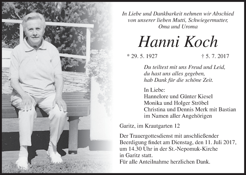  Traueranzeige für Hanoi Koch vom 08.07.2017 aus MGO